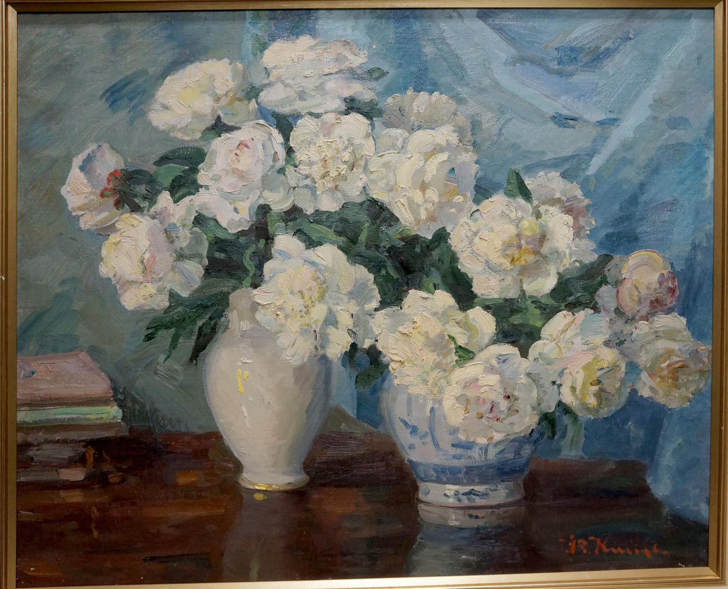 Oil painting of lush white peonies in cream vase by Kisel Ivan Gordeevich