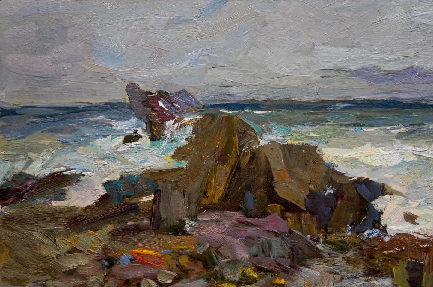 Oil painting by Fedor Zakharov: rugged rocks at turbulent sea edge