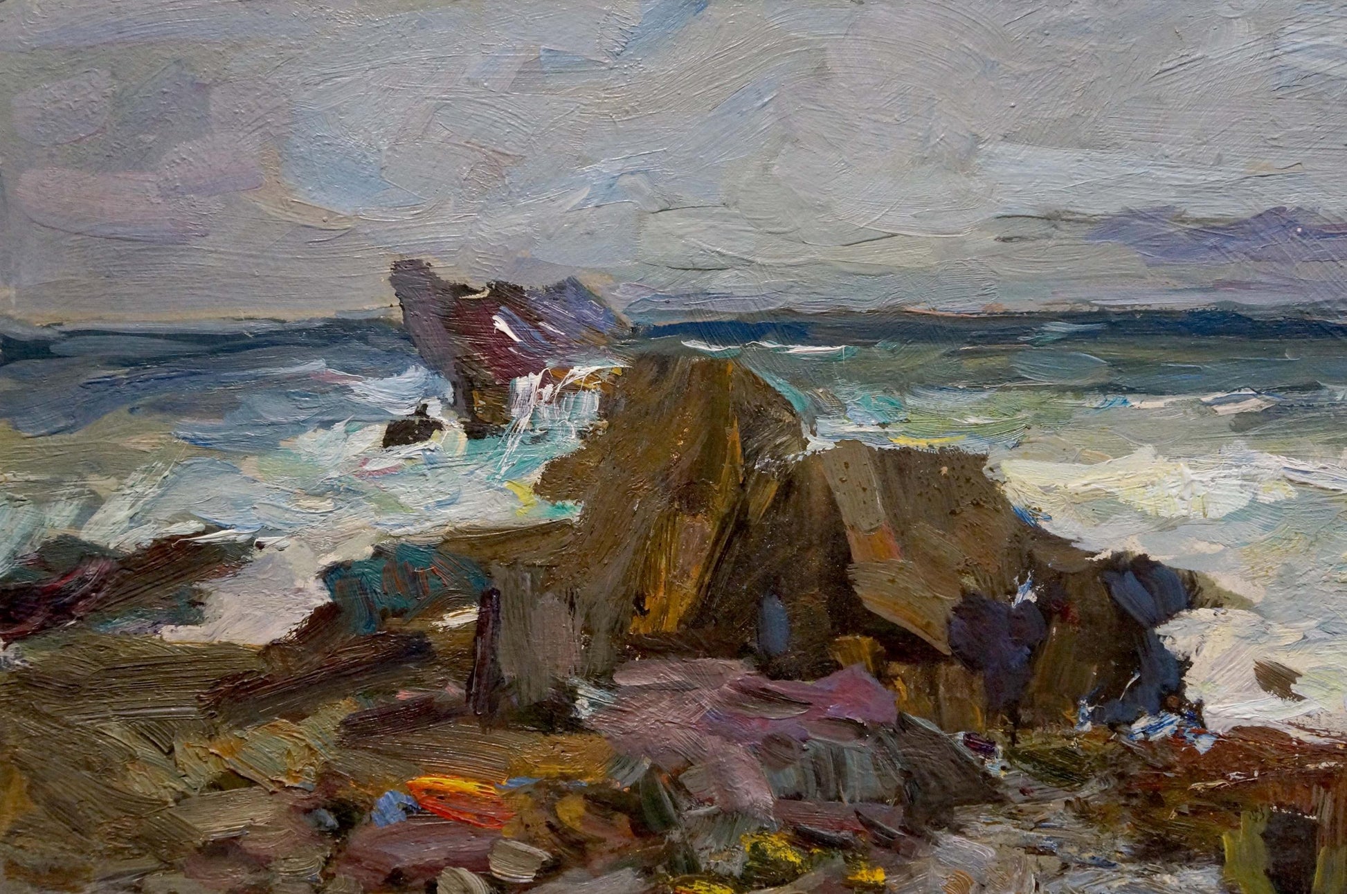 Oil painting by Fedor Zakharov: rugged rocks at turbulent sea edge