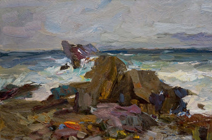 Oil painting by Fedor Zakharov: rugged rocks at turbulent sea edge