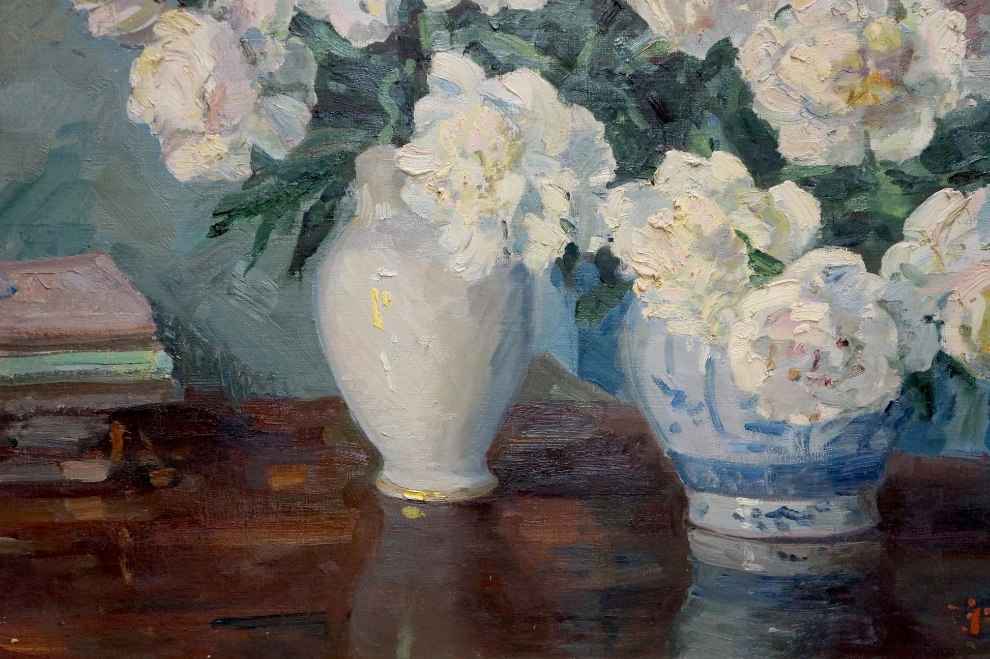 Oil painting of white peonies in white ceramic vase with gold rim by Kisel Ivan Gordeevich