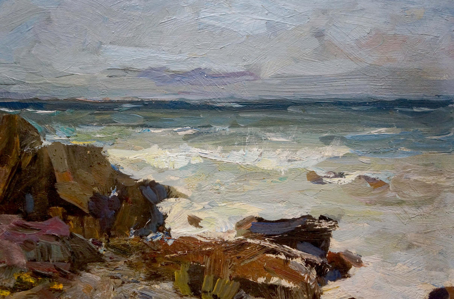 Oil painting by Fedor Zakharov: turbulent waves crashing on rugged shore