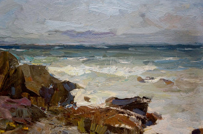 Oil painting by Fedor Zakharov: turbulent waves crashing on rugged shore