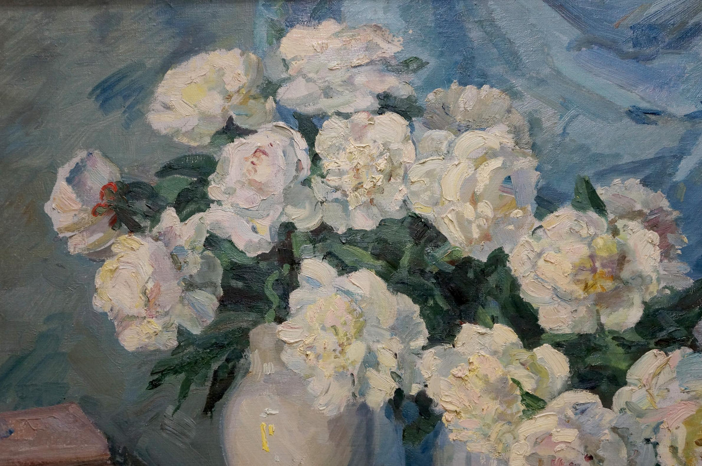 Oil painting of soft white peony bouquet in cream vase by Kisel Ivan Gordeevich