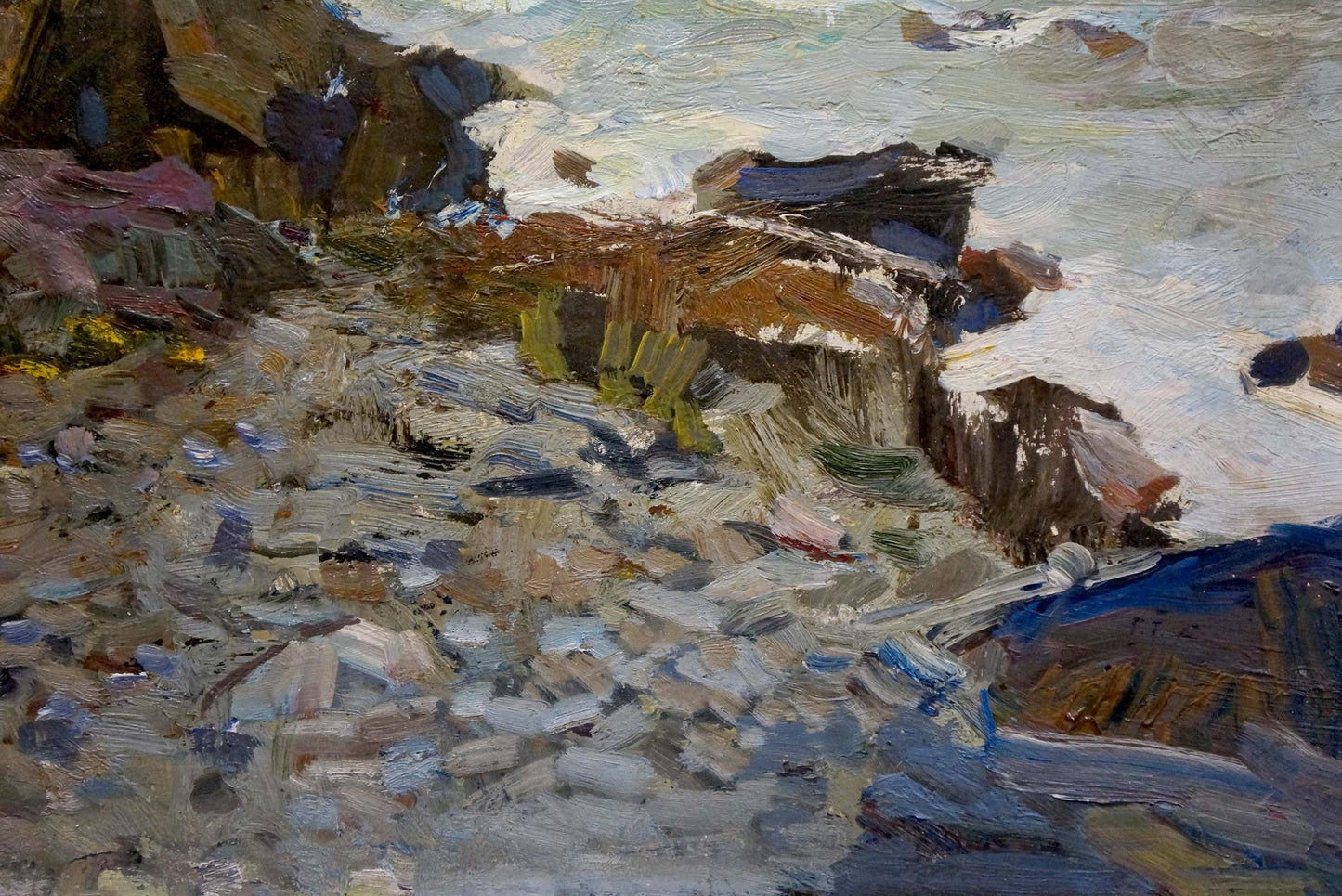 Oil painting of rugged coastal cliffs and waves by Fedor Zakharov
