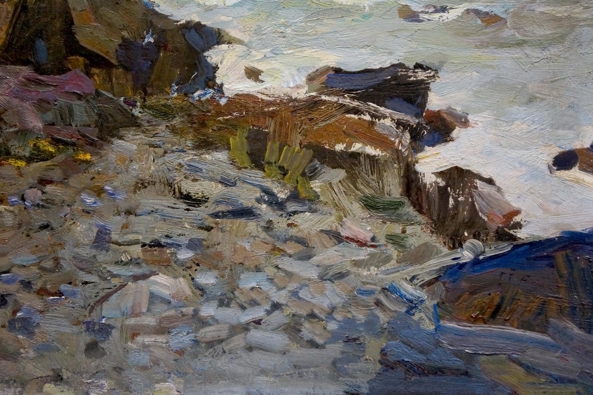 Oil painting of rugged coastal cliffs and waves by Fedor Zakharov