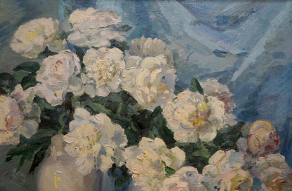 Lush white peonies with pink yellow accents by Kisel Ivan Gordeevich oil painting