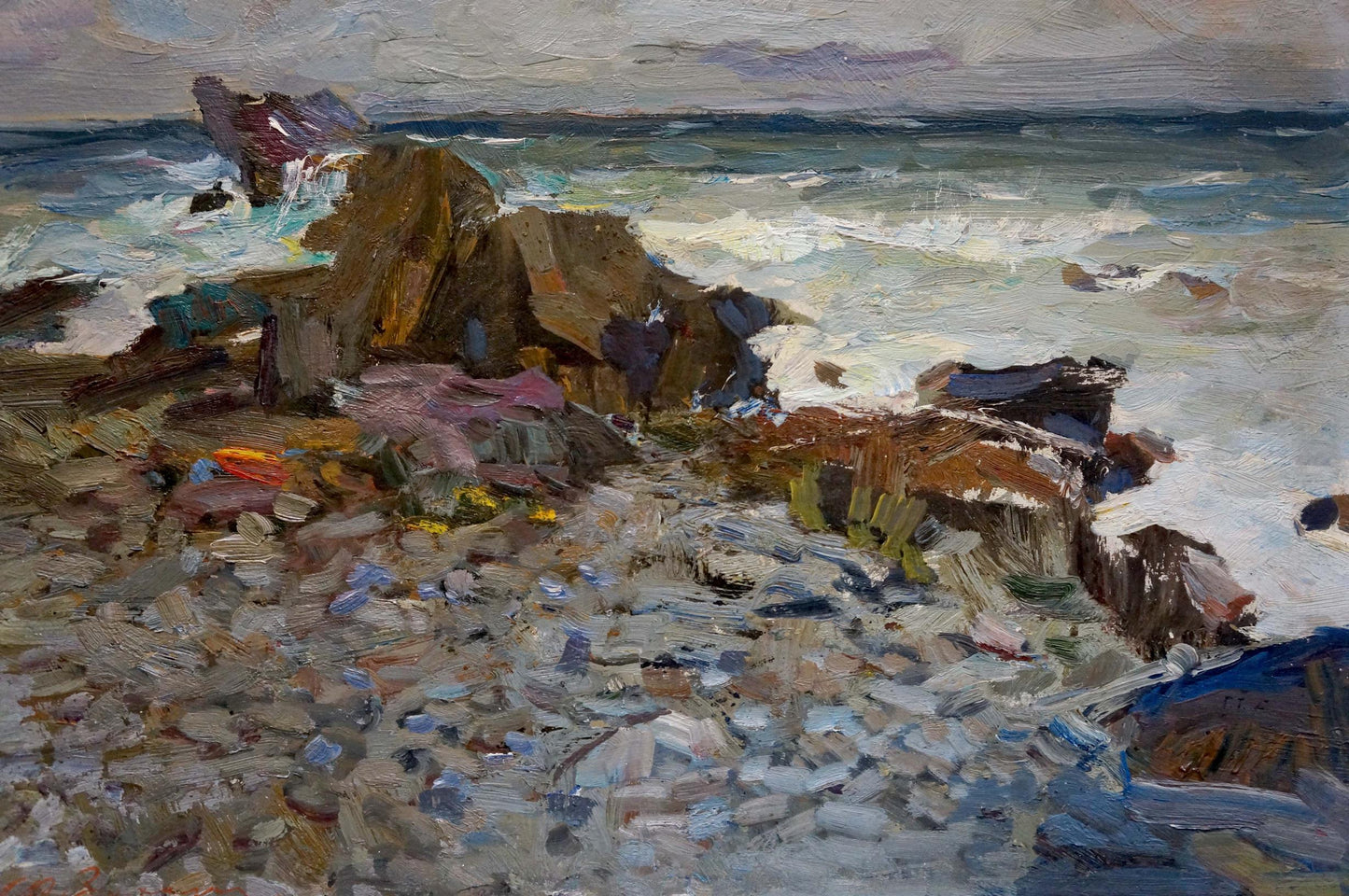 Oil painting On the shore of a calm sea by Fedor Zakharov textured rocks and waves