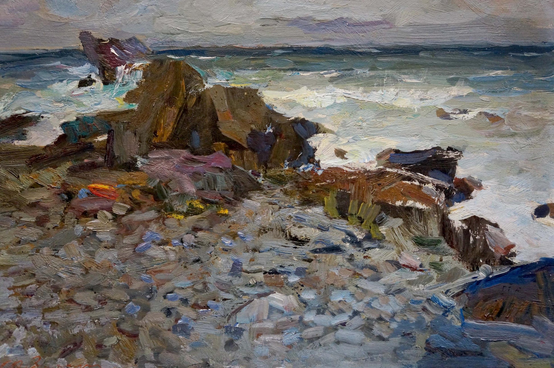 Oil painting On the shore of a calm sea by Fedor Zakharov textured rocks and waves
