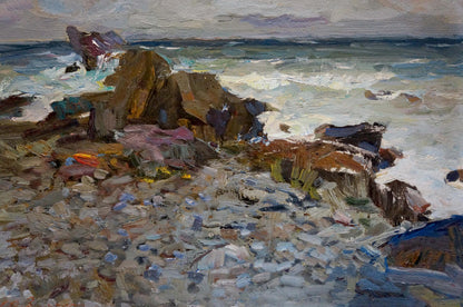 Oil painting On the shore of a calm sea by Fedor Zakharov textured rocks and waves