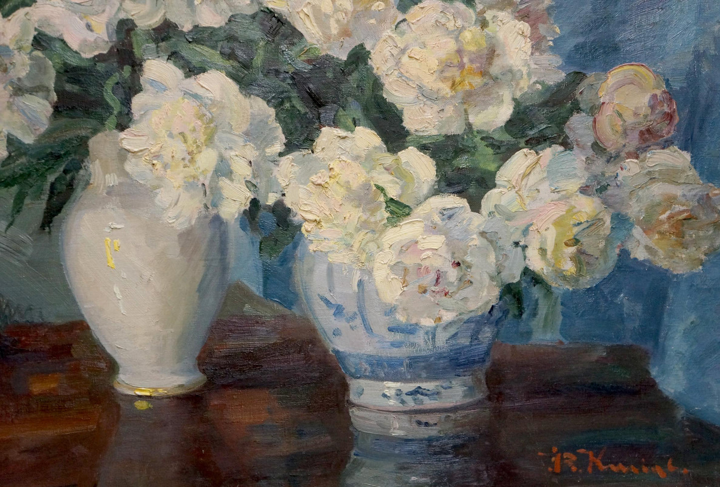 Oil painting of delicate white peony bouquet in blue and white floral vase by Kisel Ivan Gordeevich