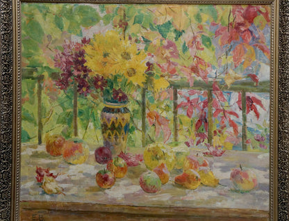 Oil painting by Evgeny Volobuev: ornate vase with sunflowers and autumn fruits