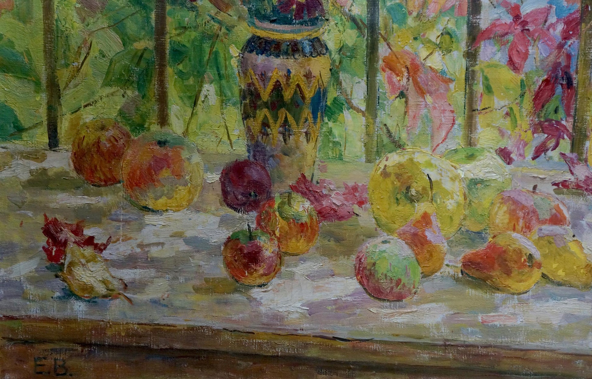 Tall ornate yellow blue geometric ceramic vase in Volobuev still life oil painting