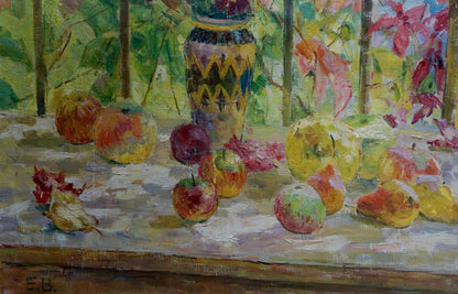 Tall ornate yellow blue geometric ceramic vase in Volobuev still life oil painting