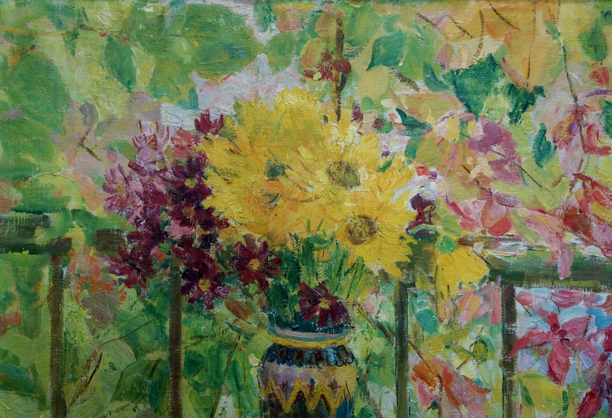 Oil painting of autumn flowers in vibrant ceramic vase by Volobuev