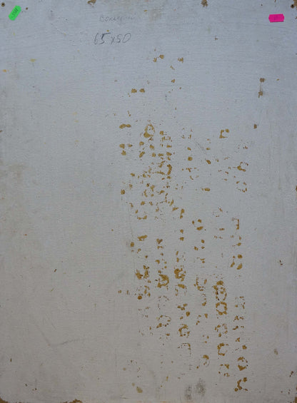 Back of weathered off-white canvas by Volsky Petr Dmitrievich with stains and pencil marks