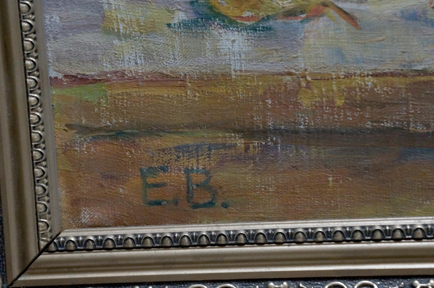 Antique oil painting by Evgeny Vsevolodovich Volobuev with e.b. signature in silver frame