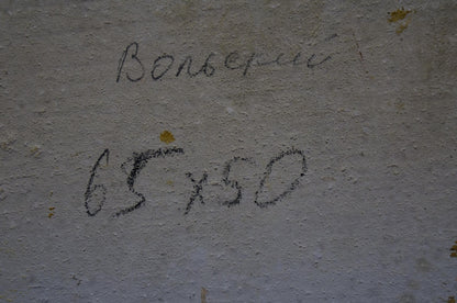 Handwritten Cyrillic text on textured gray concrete wall, Volsky portrait back