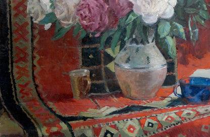 Oil painting of pink and white roses in ceramic vase with green leaves