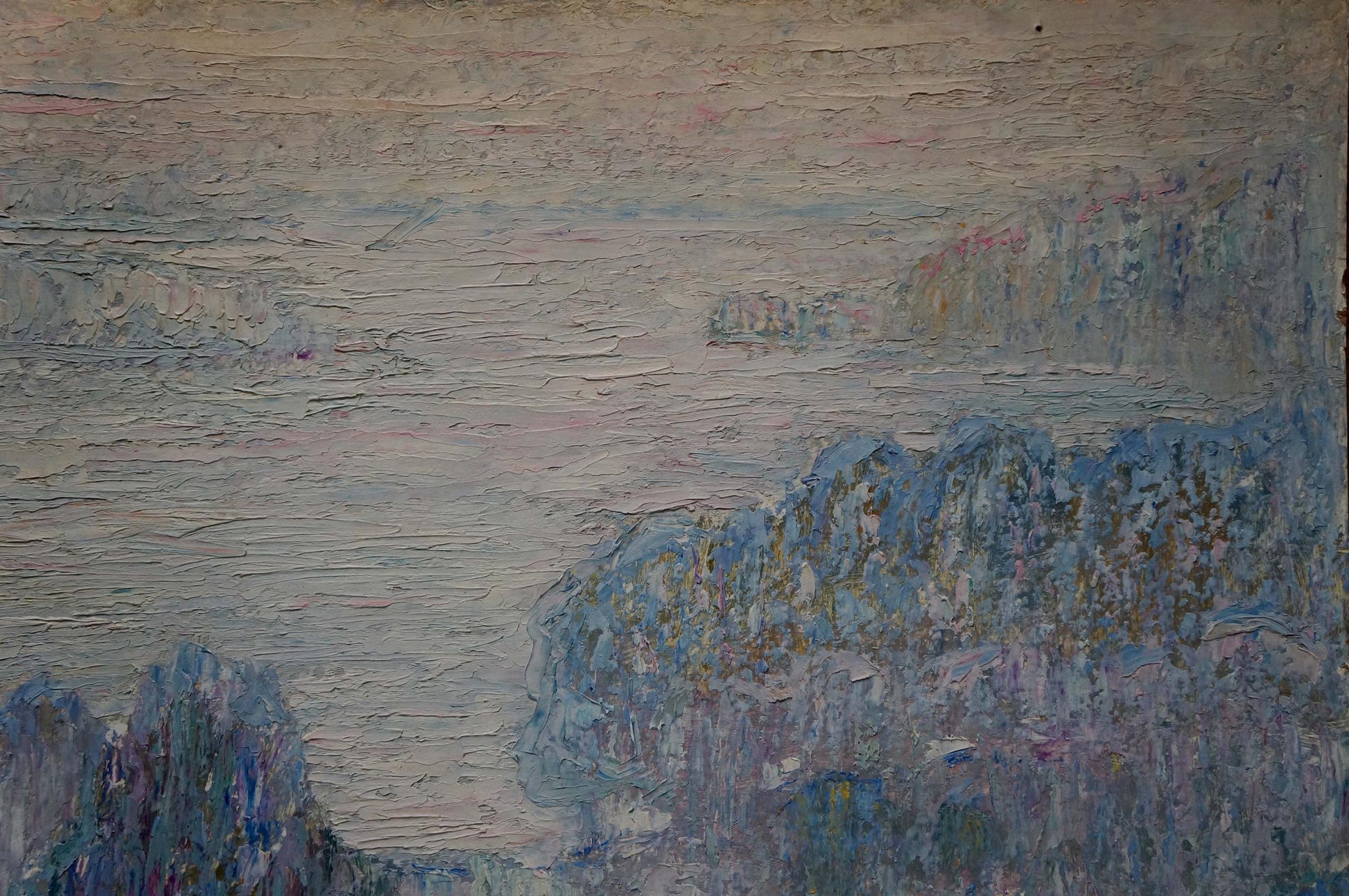 Oil painting of hazy natural landscape in blues and purples by Mandrikova - Donchik Nadezhda Alekseevna
