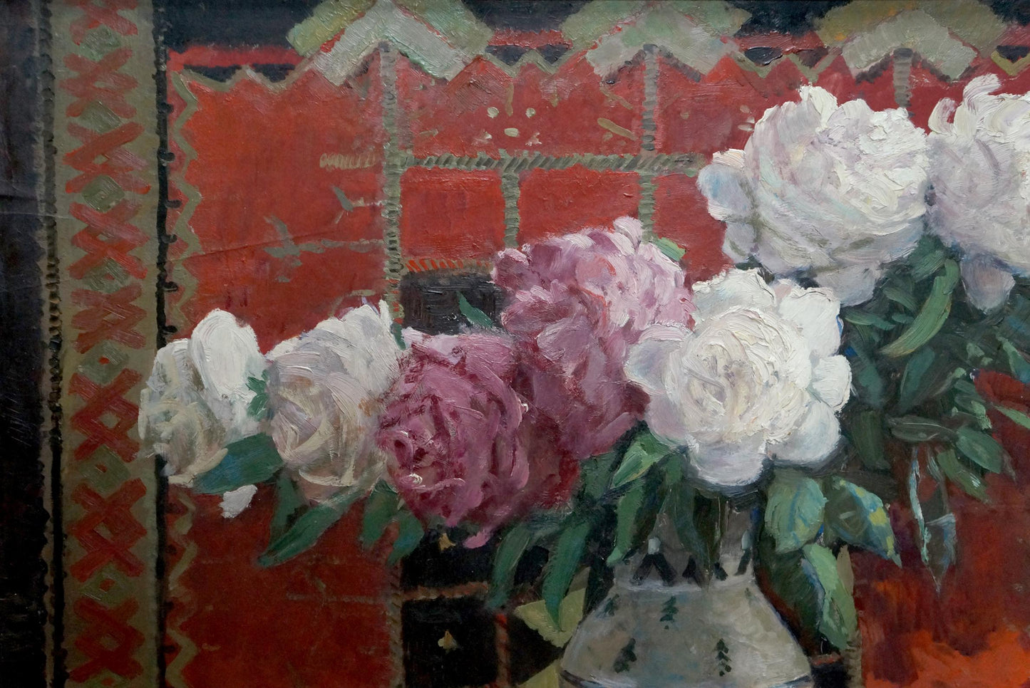 Oil painting of roses in vase with white pink peonies on red backdrop