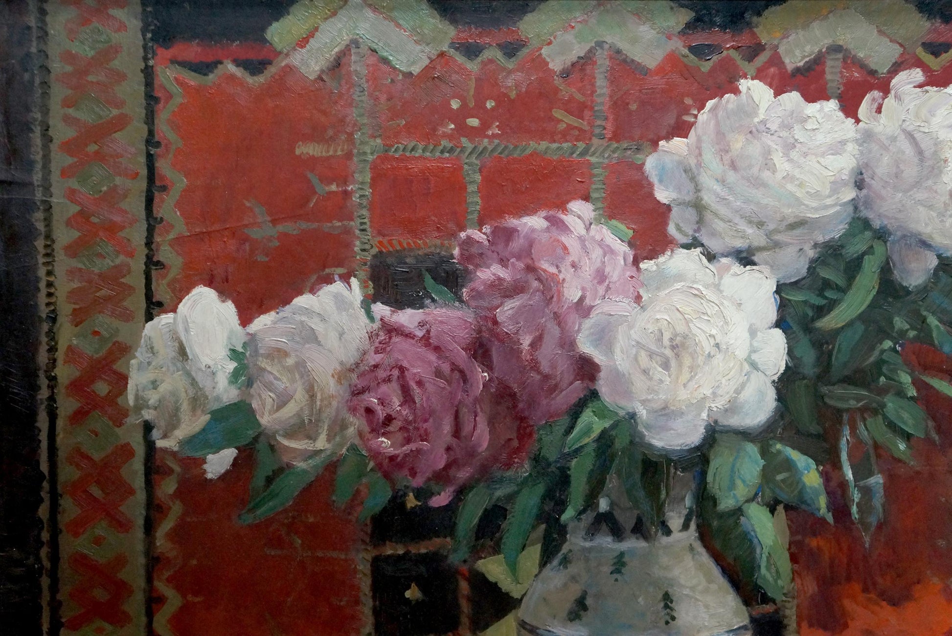 Oil painting of roses in vase with white pink peonies on red backdrop