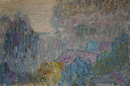 Oil painting by Donchik Nadezhda Alekseevna: impressionist village in purples, blues, greens