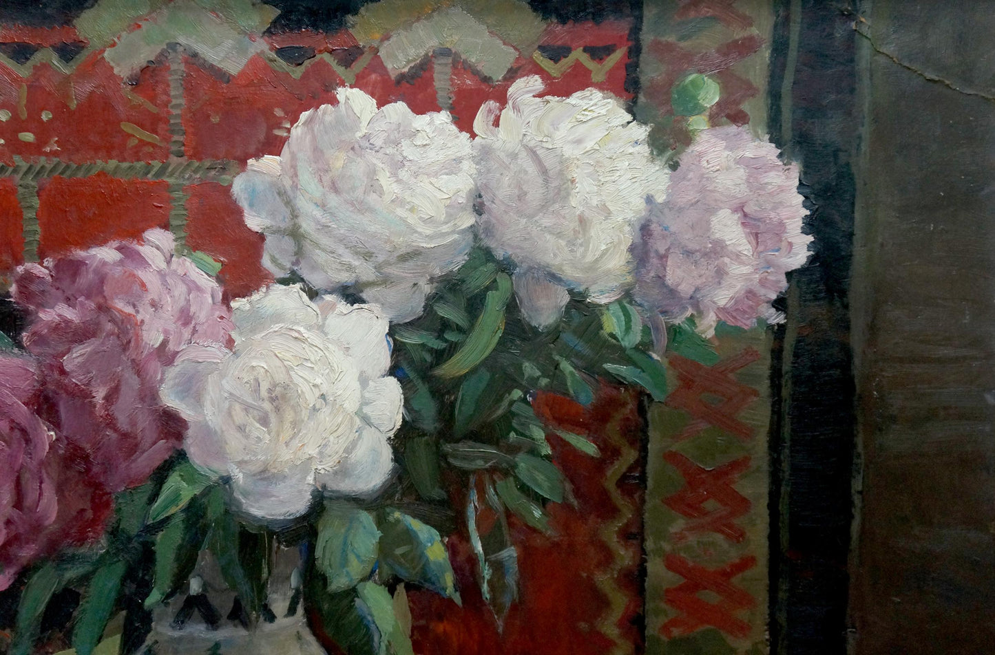 Oil painting of roses in a vase with lush white pink peonies impasto on red backdrop