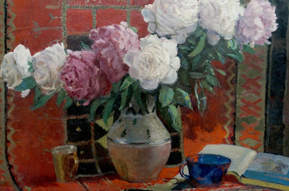 Oil painting of roses in rustic ceramic vase with lush white pink peonies