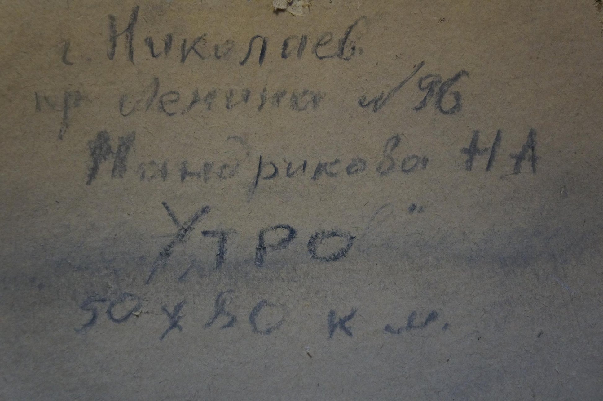 Handwritten Cyrillic text on back of Mandrikova Donchik Nadezhda Alekseevna oil painting