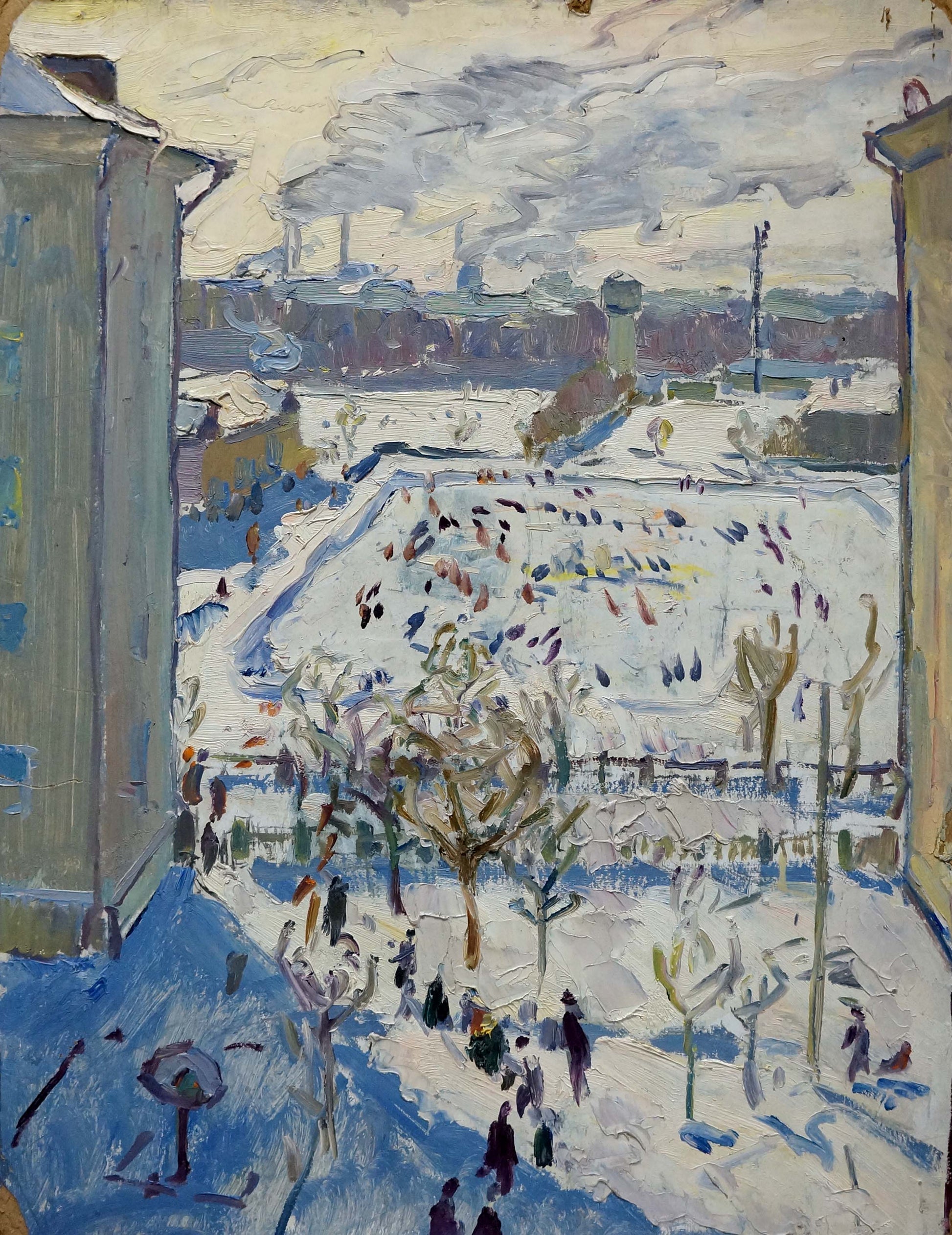 Impressionistic oil painting of snowy city life in muted blues and whites