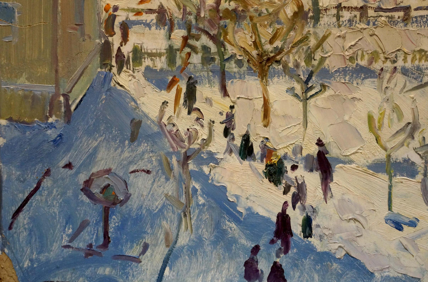 Textured impressionist oil painting of snowy city street life