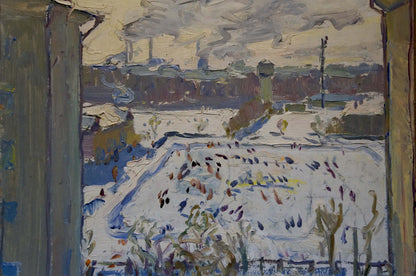 Textured impressionistic oil painting of snowy city industrial landscape through window