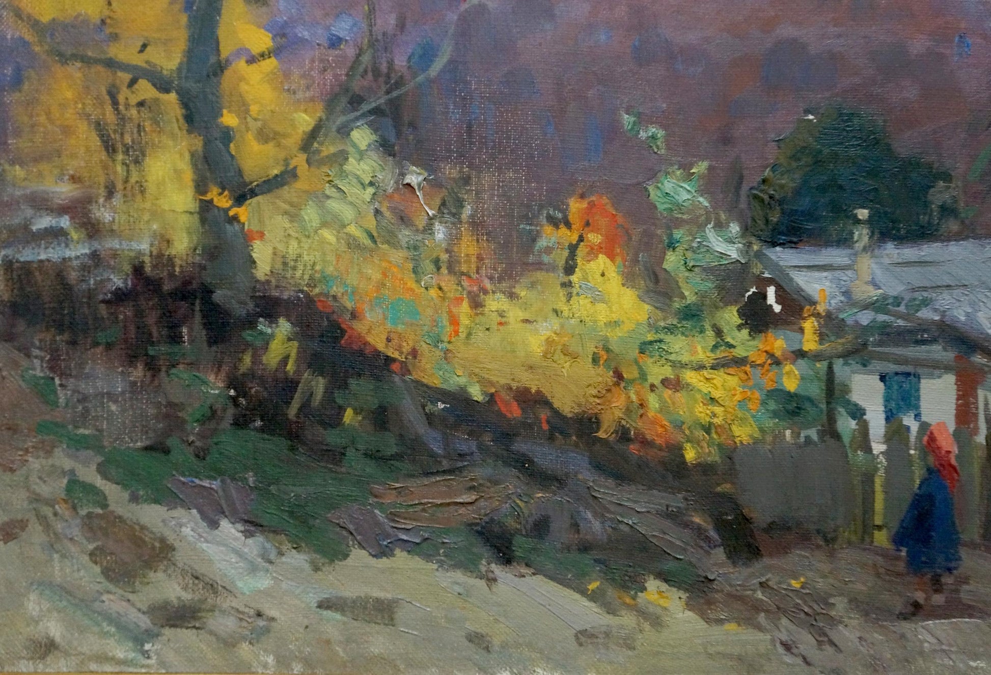Autumn oil painting by Kobylenkov Mikhail Vasilievich, house near mountain