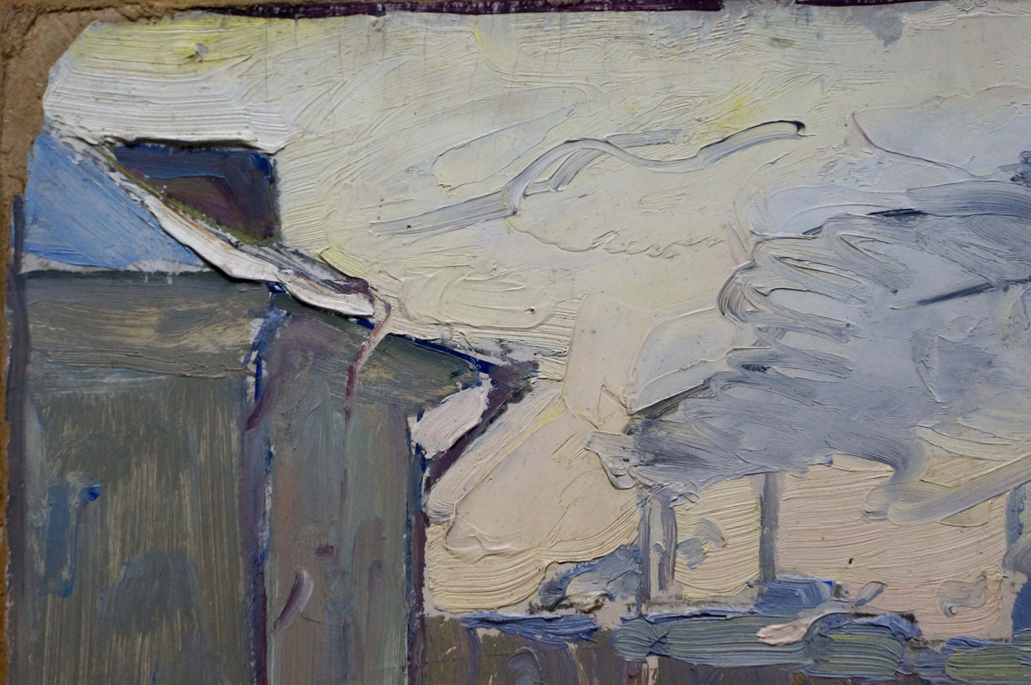 Textured oil painting of city life building in grays, blues, impasto strokes