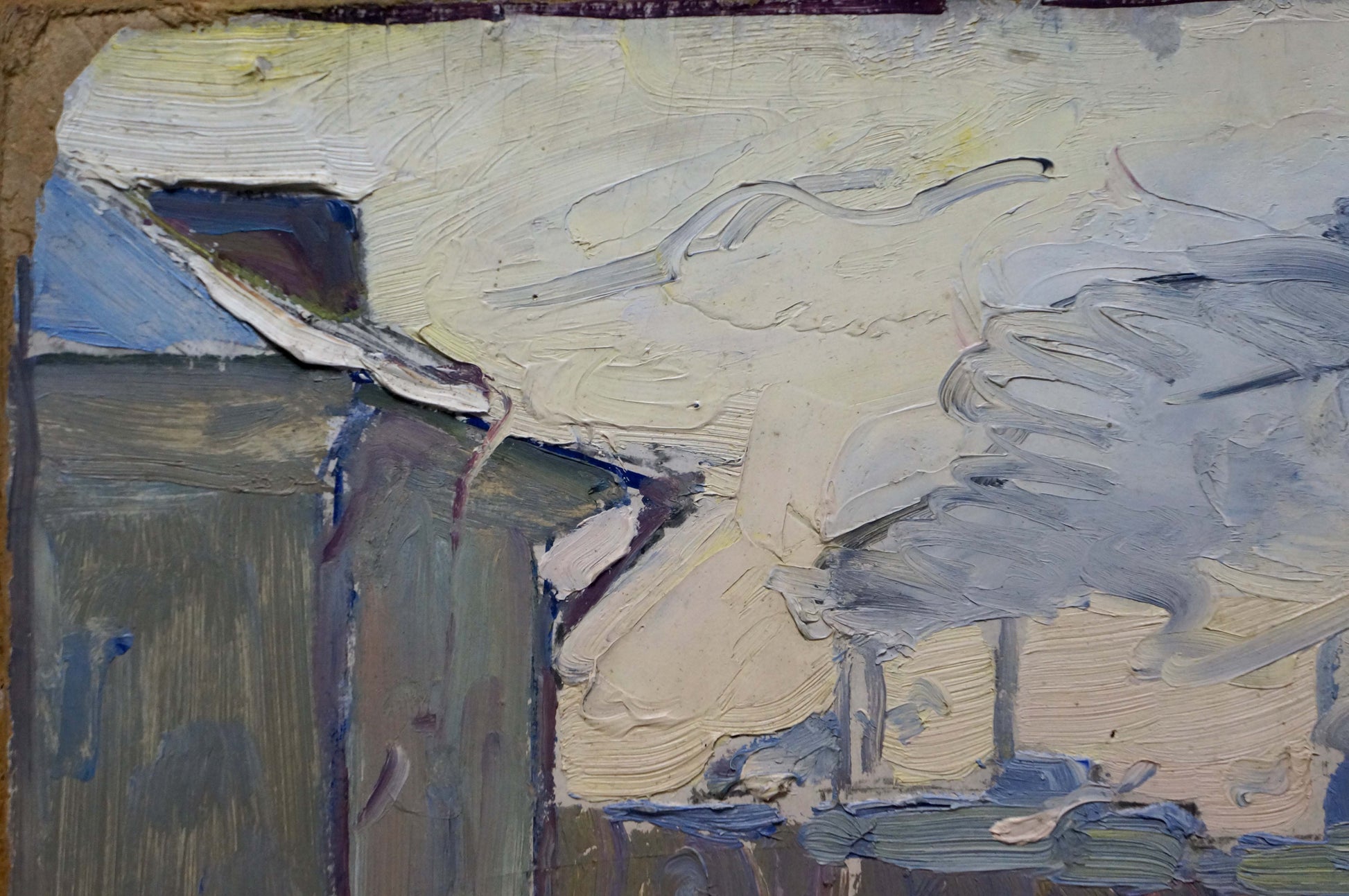 Textured oil painting of city life building in grays, blues, impasto strokes