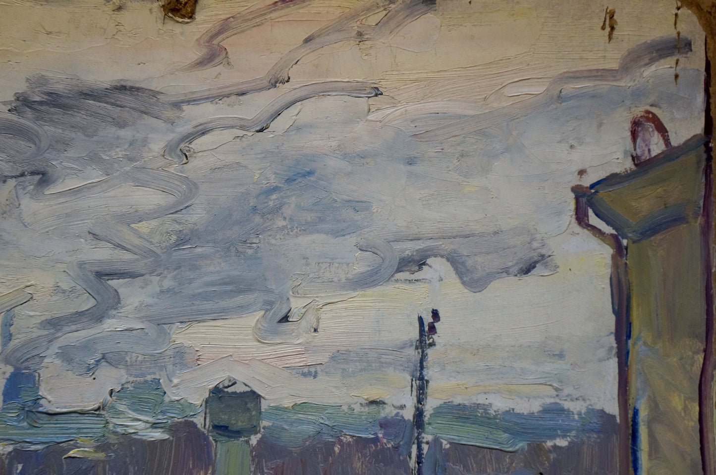 Textured impressionistic oil painting of cloudy city skyline