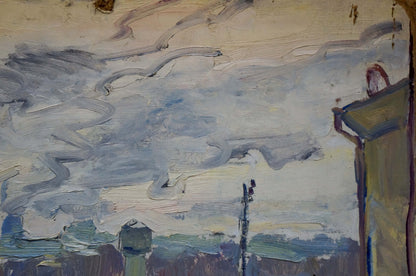 Textured impressionistic oil painting of cloudy city skyline