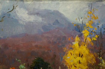Vibrant yellow floral oil painting by Kobylenkov Mikhail Vasilievich, house near misty mountain