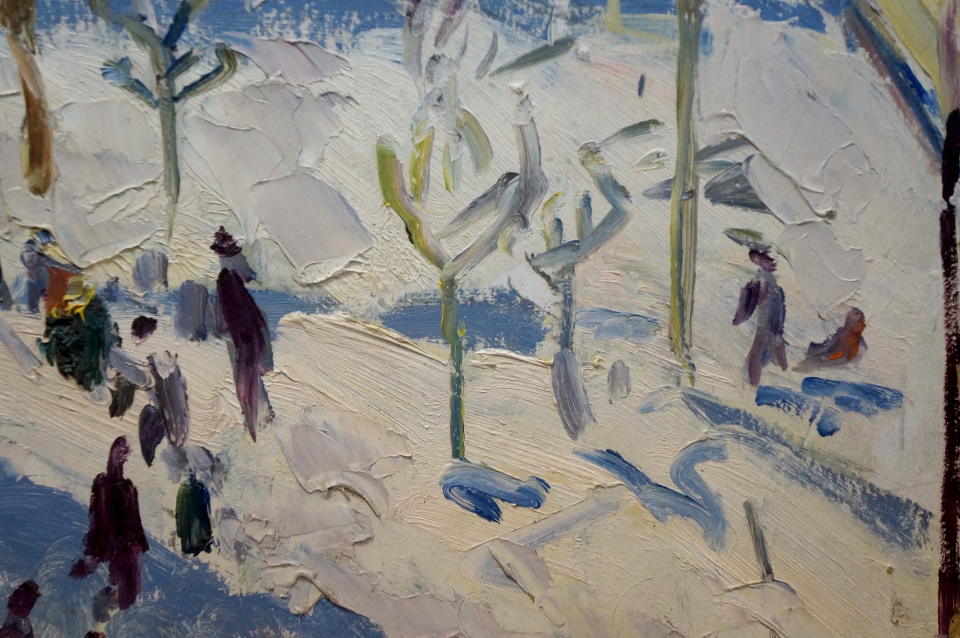 Textured impressionist snowy city landscape oil painting with figures and trees