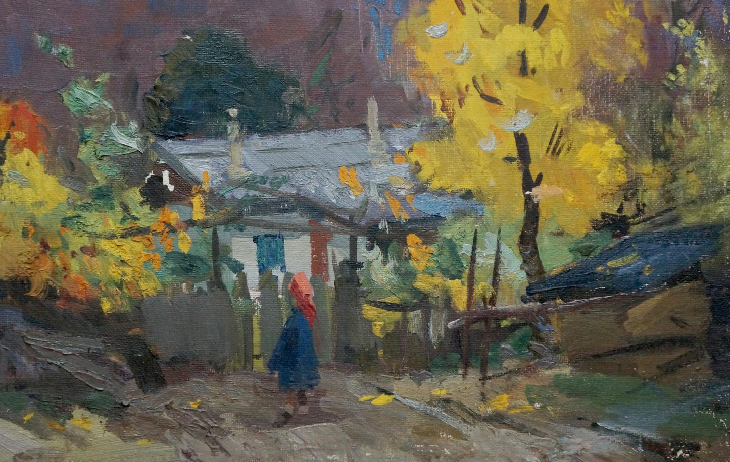 Oil painting of child in blue coat on autumn path by Kobylenkov Mikhail Vasilievich