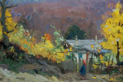 Oil painting by Kobylenkov Mikhail Vasilievich: rustic village house amid autumn trees
