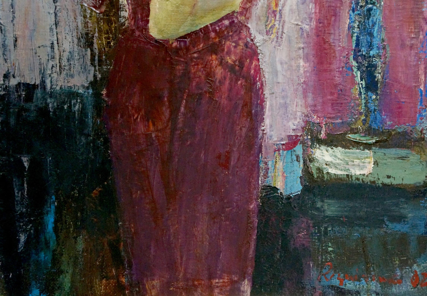 Oil painting portrait of girl in textured deep red dress with yellow bodice by Sergey Reznichenko