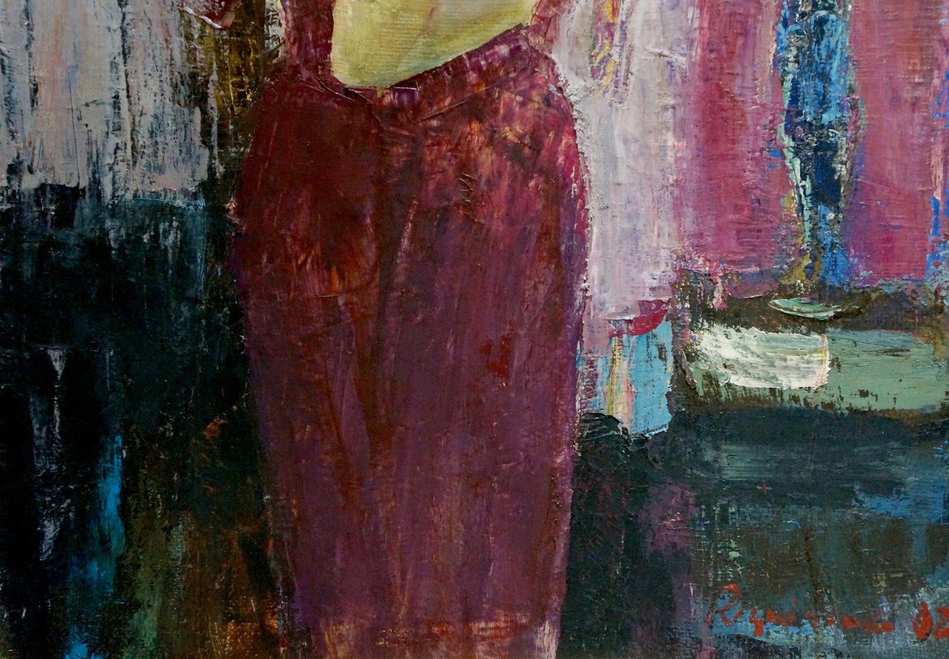 Oil painting portrait of girl in textured deep red dress with yellow bodice by Sergey Reznichenko
