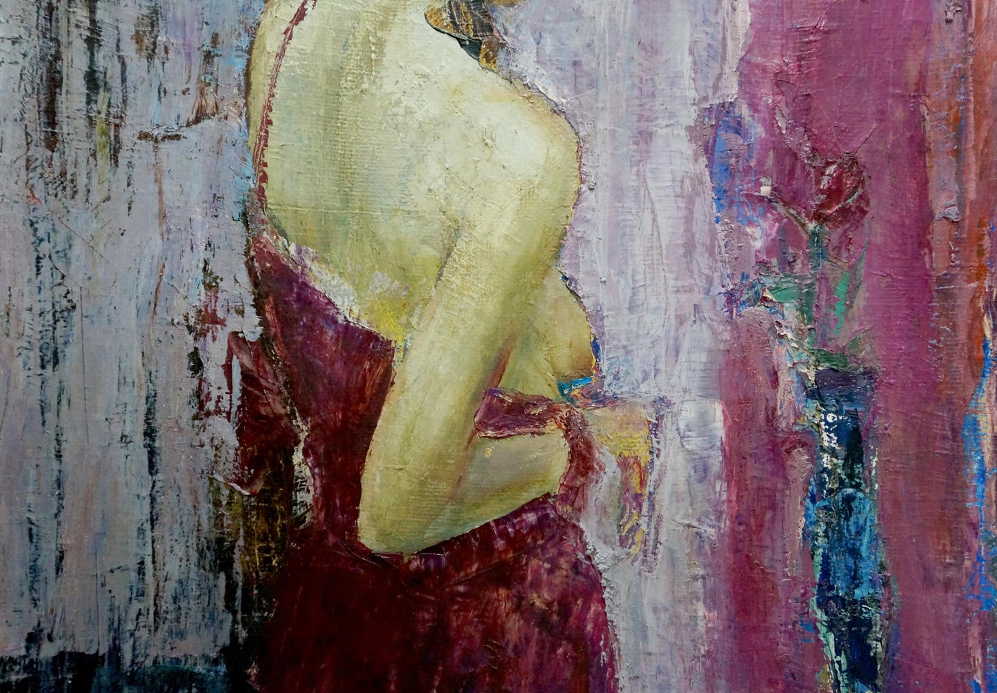 Oil painting portrait of girl by Sergey Reznichenko, textured red dress