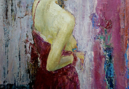 Oil painting portrait of girl by Sergey Reznichenko, textured red dress