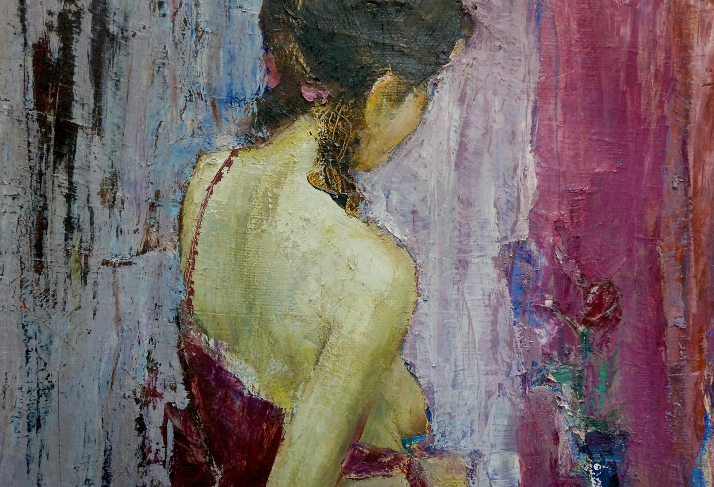 Oil painting portrait of girl in red dress by Sergey Reznichenko