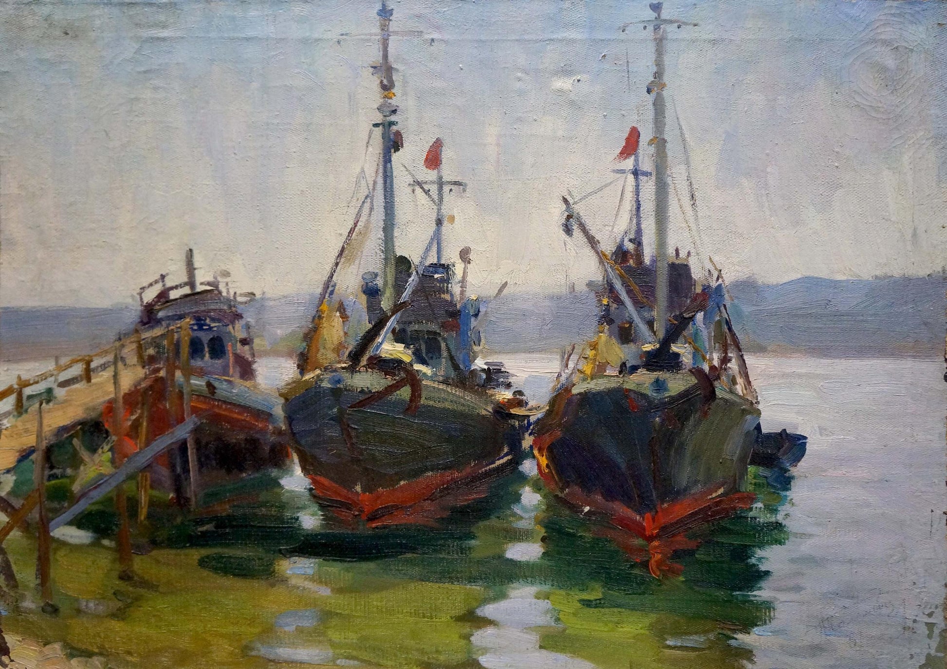 Oil painting by Kolomoitsev Petr Mikhailovich: three red-hulled boats in harbor