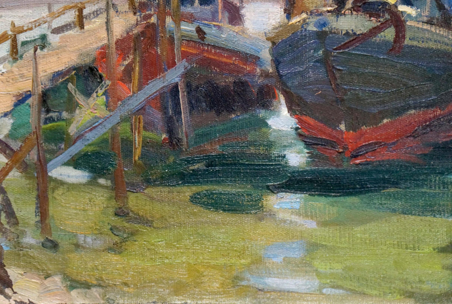 Vibrant impressionist oil painting of ships in port by Kolomoitsev Petr Mikhailovich
