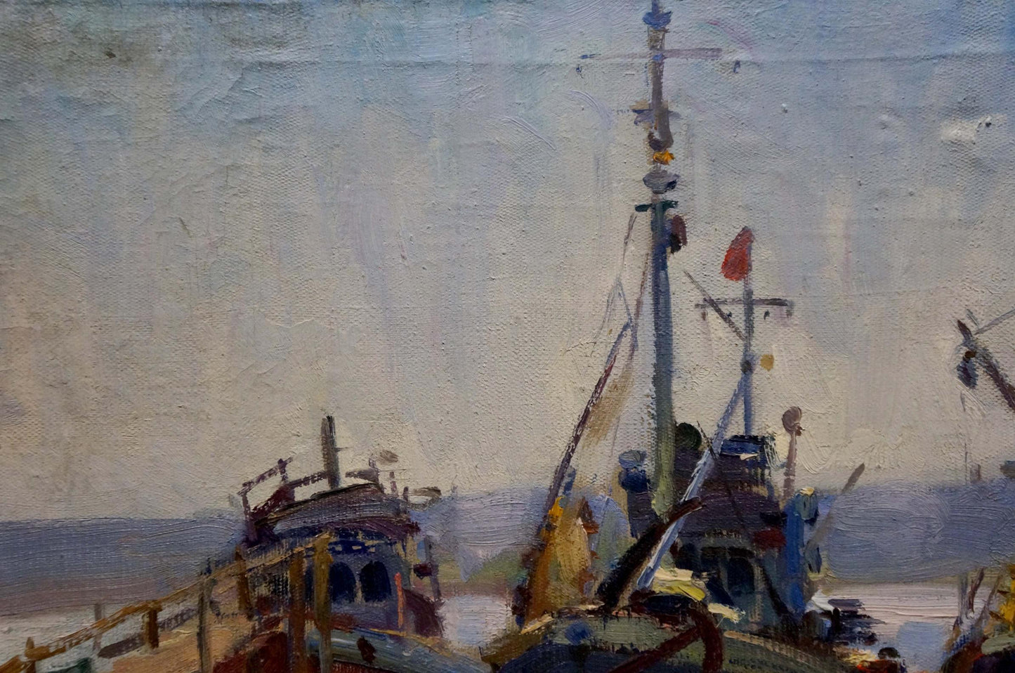 Oil painting of ships in port by Kolomoitsev Petr Mikhailovich